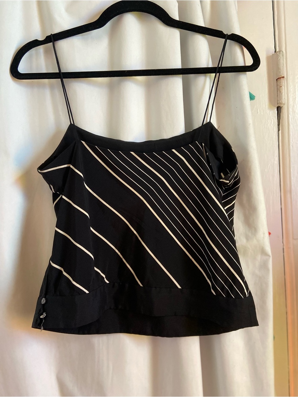 Theory Black Silk Tank with White Diagonal Stripes